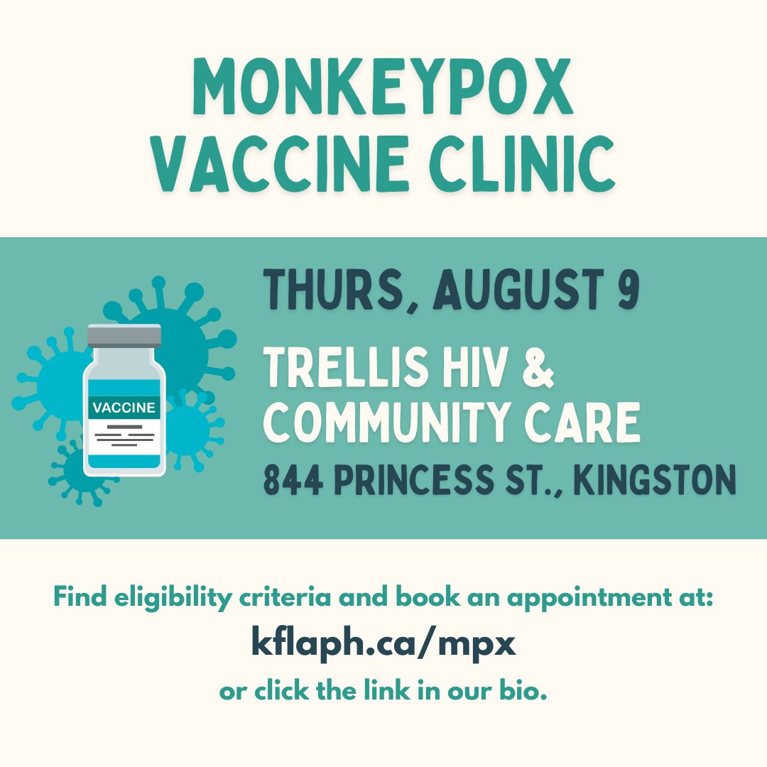 Monkeypox vaccine appointments are available at KFL&amp;A Public Health and Trellis HIV &amp; Community Care - formerly HARS . Find eligibility criteria and registration links at kflaph.ca/MPX