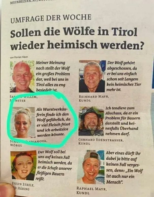GERMAN! Das muss doch ein Scherz sein... "Ein Wolf ist auch nur ein Mensch" "Die fressen uns das Fleisch weg"...