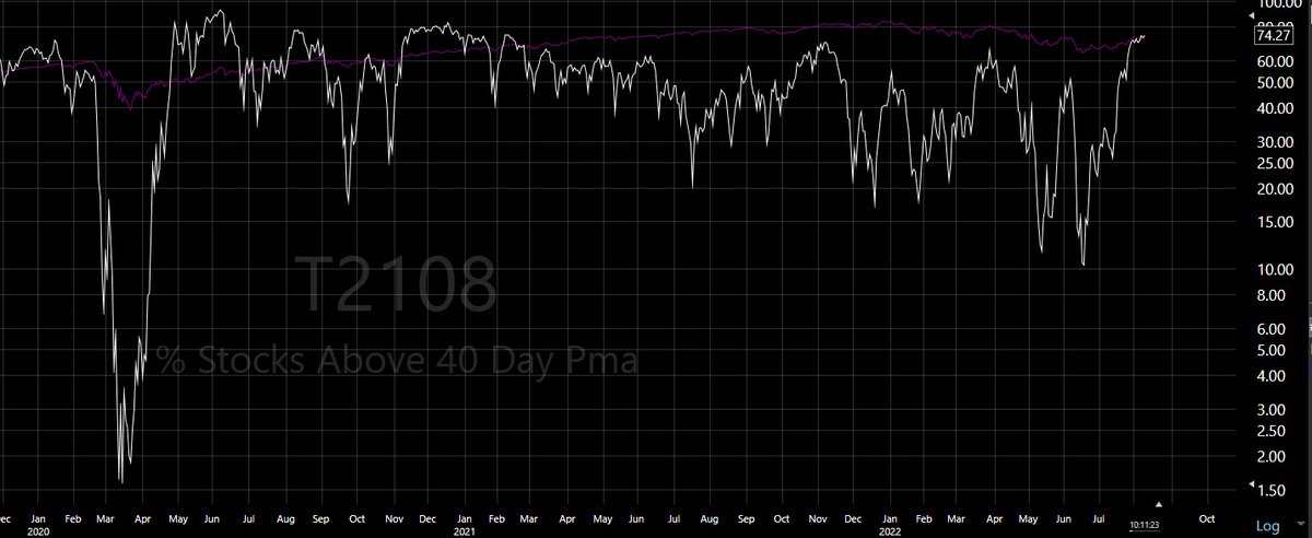 PaulJSingh's tweet photo. Market breadth strength:
#T2108 indicator tracks stocks above their 40 day moving averages. At 74 it's hit it's highest reading in over 1 1/2 years. https://t.co/eU3j723fkn