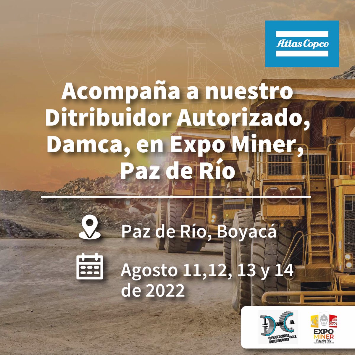 AtlasCopcoCol's tweet photo. Llega una nueva feria industrial y nuestros distribuidores tienen mucho que contarte. 😀 ¡Agéndate y visítalos en su stand! 💙
#AtlasCopCoColombia #AtlasCopCo #DistribuidoresAtlasCopCo #ExpoMiner https://t.co/J4K1mqRFoY