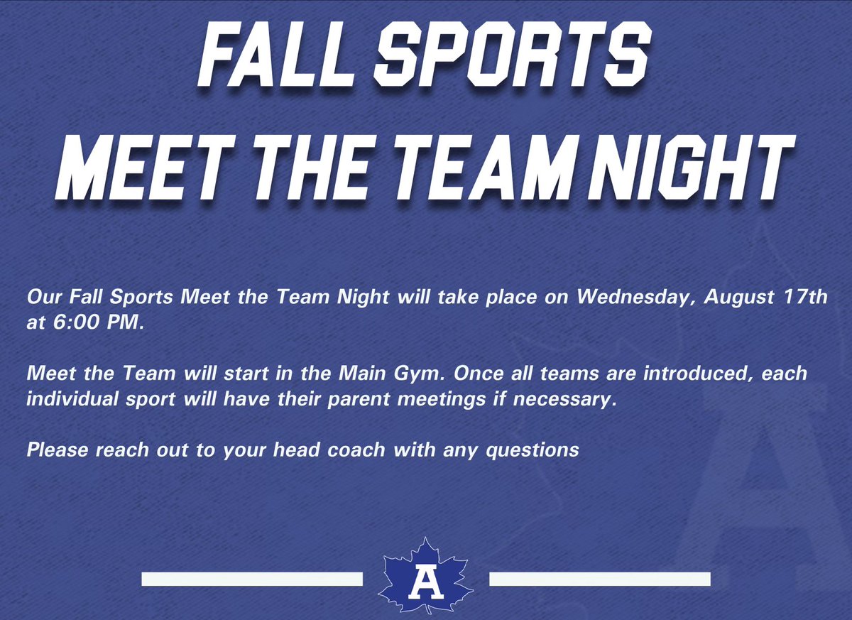 08/17 we will be bringing back meet the team night! It will be sponsored by <a href="/Athletico/">Athletico PT</a> <a href="/KathySteuwe/">Kathy Steuwe</a> and our Maple Fans Club! Come get a hotdog and a snack while you meet the fall sports teams and see what is going on in athletics here at AHS! #GoMaples