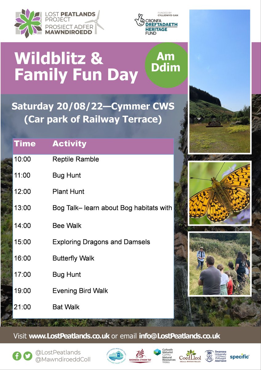 *Event re-schedule* Due to the extreme weather warning in place, we are adjusting our Wildblitz at Cymmer this Saturday to Saturday 20th August. Exciting walks and activities outlined below so come along for as many of the sessions as you wish; we look forward to seeing you!