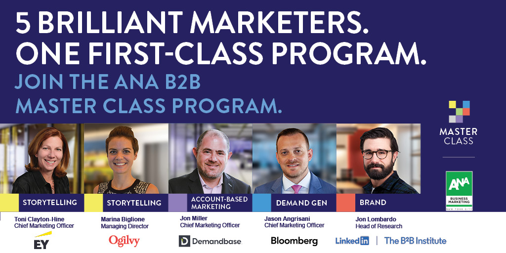 The <a href="/ANAB2BNYC/">ANA Business Marketing NYC</a> B2B Master Class Program is back – a 4-class virtual career development series with certification on completion, including Storytelling, Account-Based Marketing, Demand Gen and Brand. Register now...enrollment limited: bit.ly/3dgOTSG #B2BMasterClass