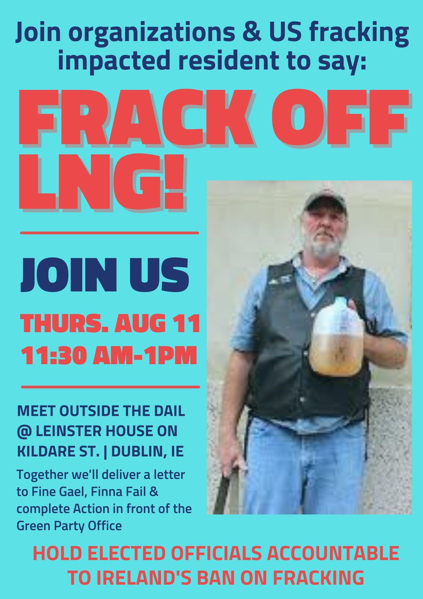 Tomorrow, 11.30am outside the Dáil, join us, along with residents from Pennsylvania impacted by fracking, to say Frack Off LNG!

Together we must hold our elected officials accountable to Ireland’s ban on fracking. #ClimateCampIreland #NoNewFossilFuels