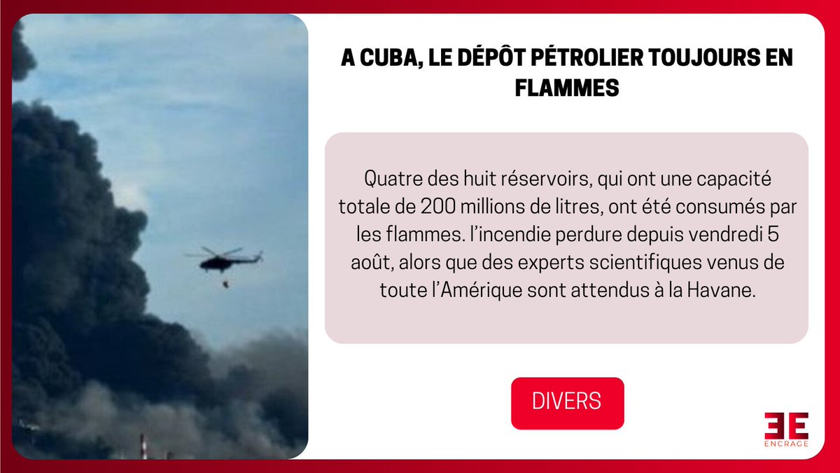 EncrageM's tweet photo. #INFO
A Cuba, le dépôt pétrolier toujours en flammes
À retrouver sur Encrage 👉 https://t.co/oxAzyXD9aI

#cuba #pétrole #flammes #incendie #Matanzas https://t.co/4IDY1WyXlB