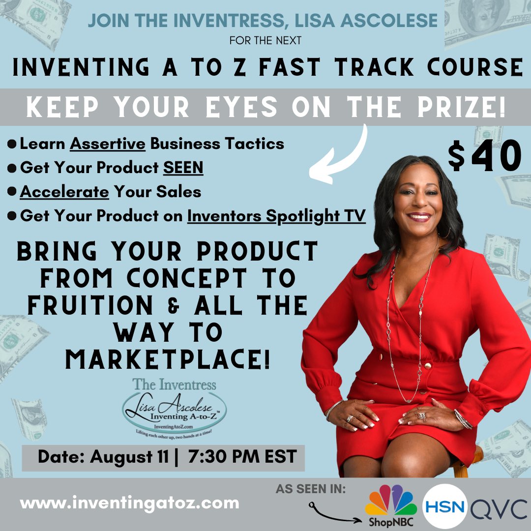 LisaAscolese's tweet image. TOMORROW Thursday, August 11 at 7:30 PM est., it will be time for my Fast Track Course! I teach you to get ASSERTIVE 💥 with your sales 💲 and GROW 🌱 your business!

Email lisa@inventingatoz.com inventingatozcom.com or call me, 732-647-5433! 

#theinventress #fasttrackcourse