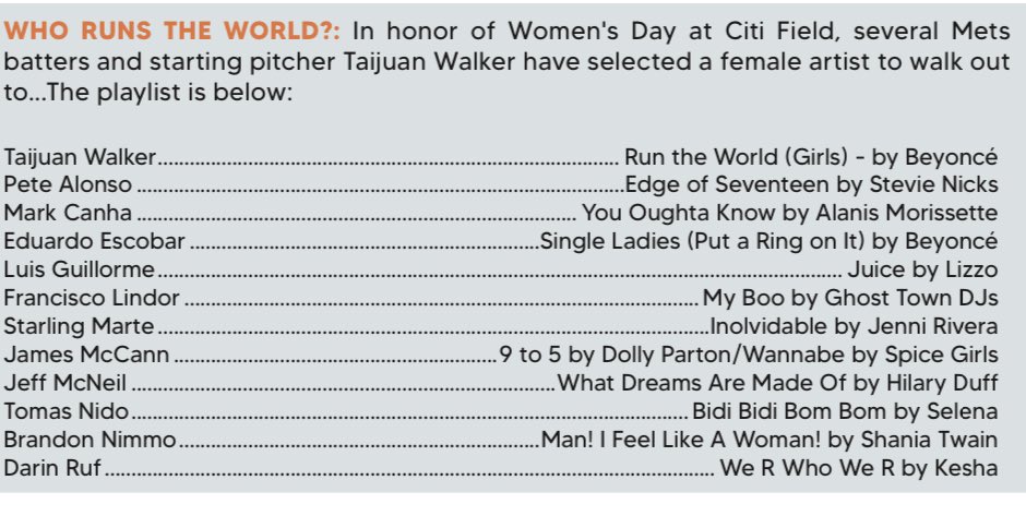 mikemayer22's tweet image. In honor of Women’s Day at Citi Field, the following Mets have selected songs by female artists to walk out to: