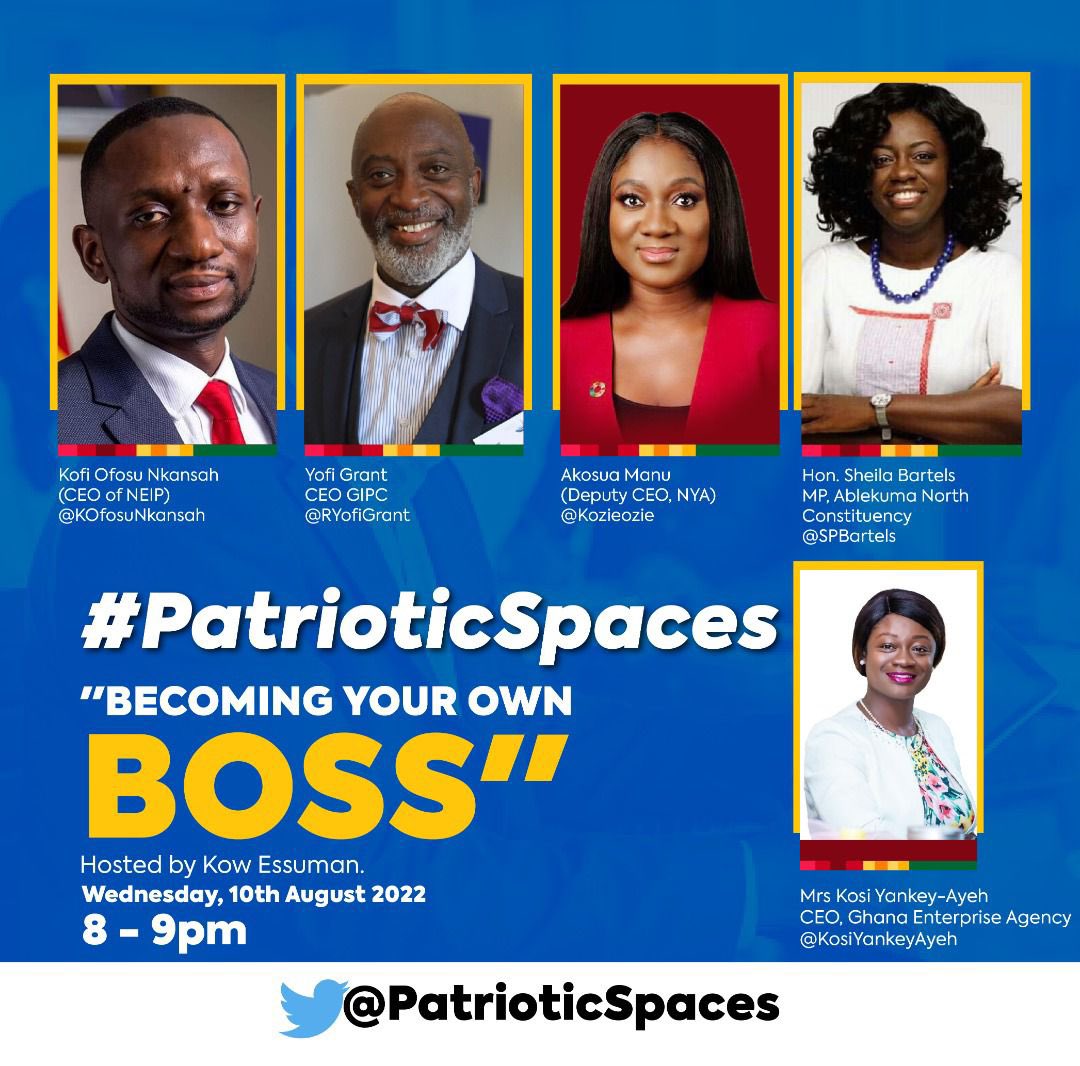 kaessuman's tweet photo. Join us this evening at 8pm as @KOfosuNkansah @RYofiGrant @KozieOzie @SPBartels @KosiYankeyAyeh talk about Becoming Your Own Boss. I know many small businesses and entrepreneurs have questions about how the Govt can support them. Tune in to @PatrioticSpaces #PatrioticSpaces https://t.co/DLAd9l3xw4