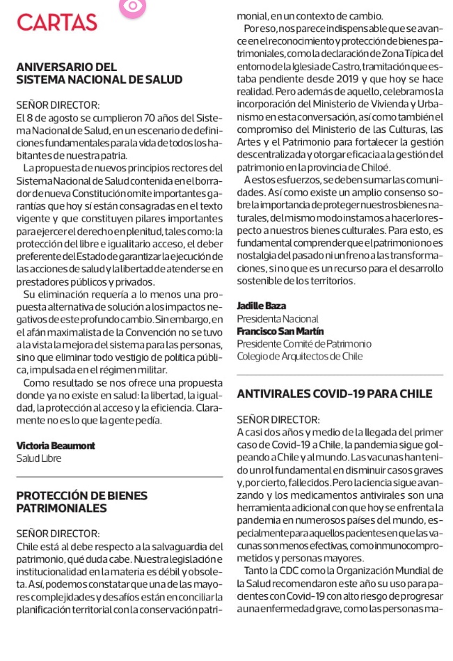 ✉️ Carta al Director de <a href="/latercera/">La Tercera</a> sobre la declaración de Zona Típica del centro de Castro, por la Presidenta Nacional, <a href="/JadilleBaza/">Jadille Baza</a>; y el Presidente del <a href="/Compat_CA/">Comité de Patrimonio Colegio Arquitectos</a>, <a href="/francisco_sanma/">Francisco San Martín</a>.

colegioarquitectos.com/noticias/?p=28…