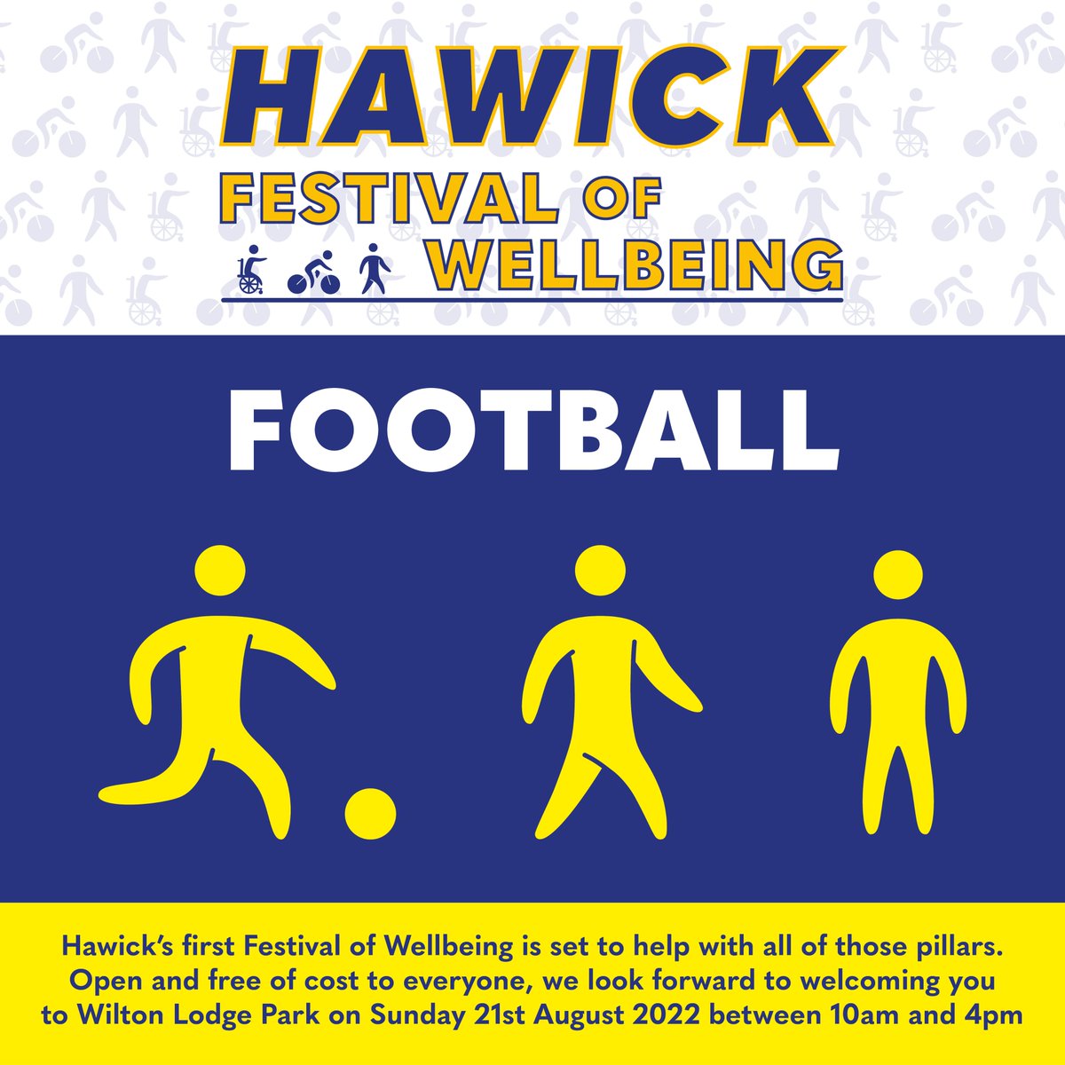 Calling all Football fans!

Hawick Festival of Wellbeing 
Sunday 21st August
Wilton Lodge Park
10am - 4pm
Open and completely free to everyone!

Walking Football
Ladies Football
Bubble Football 

#wellbeing #festival #hawick #football
