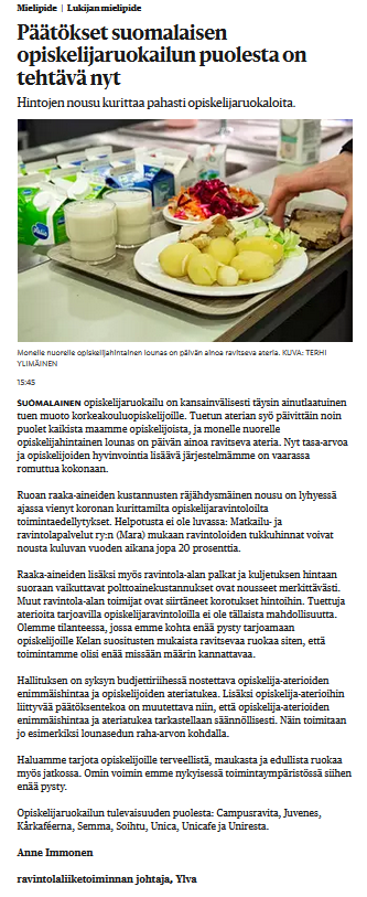 YlvaHelsinki's tweet photo. Opiskelija-aterian enimmäishintaa ja ateriatukea on korotettava, ja niiden tarkastelu tehtävä säännölliseksi, tai ravintoloilta loppuvat konstit ja opiskelijan lautaselta ravitsevat eväät.🍽️#hsmielipide #Campusravita #Juvenes #Kårkaféerna #Semma #Soihtu #Unica #UniCafe #Uniresta https://t.co/3c1Q1ZFRt6