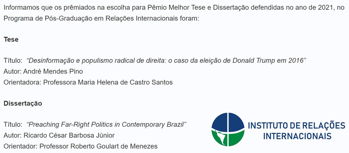 ribarbosajr's tweet photo. Fico feliz em poder divulgar que minha Dissertação de Mestrado entitulada ‘Preaching far-right politics in contemporary Brazil’, orientada pelo @rgmenezes foi escolhida para o Prêmio Melhor Dissertação do @irelunb @unb_oficial defendida em 2021: 
https://t.co/yZfyqZvBPa https://t.co/BxdMWYTpfe