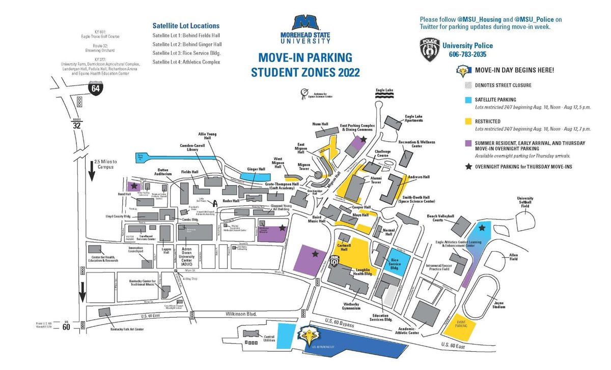 Summer Resident, Early Arrival, and Thursday move in overnight parking. 

- Parking Garage
- Lot Behind BCM
- Across from Laughlin (University &amp; Main)
- Playforth Drive (Athletic Complex)