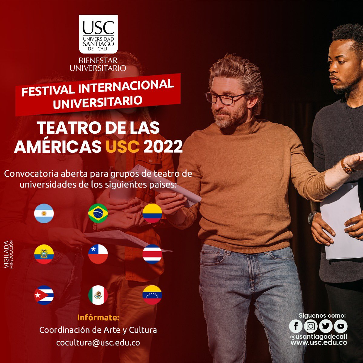usantiagodecali's tweet photo. La Universidad Santiago de Cali abre el telón. 🎭
No te pierdas este festival de teatro que contará con la participación de colectivos de diferentes países de la región.
🖥️ Conoce más información aquí 👉🏻 https://t.co/5uCkcY2uVW
#eventosusc #bienestaruniversitario #USC https://t.co/1PuBActGxj