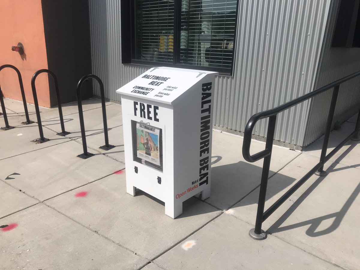 Baltimore! Our newspaper box is on the street. At <a href="/OpenWorksBmore/">OpenWorksBmore</a> on the Greenmount Ave, side of the building. Come by and pick up a paper. Beat director of operations <a href="/notrivia/">brandon soderberg</a> will be placing some supplies for those in need and more in the community exchange top of the box.