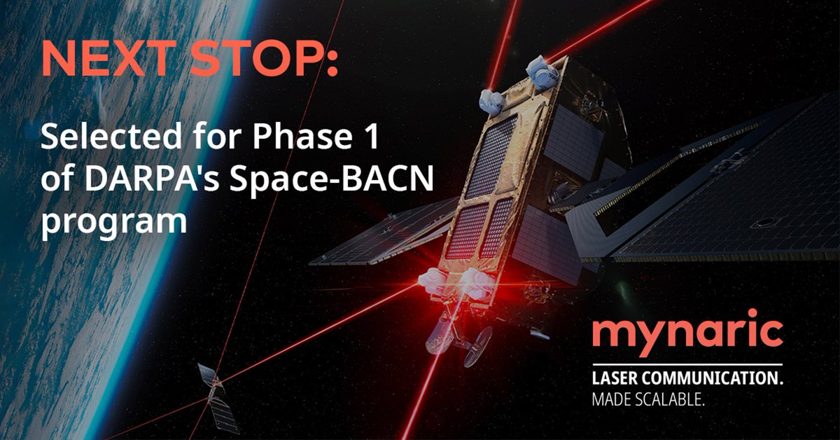 mynaric's tweet photo. We’re thrilled to share that we have been selected as a key development partner for Phase 1 of @DARPA's Space-BACN program. As part of this, we will be developing a benchtop model of a next generation optical communications terminal. 

Learn more:https://t.co/p6MIjrodCC https://t.co/BX1AerZ5R2