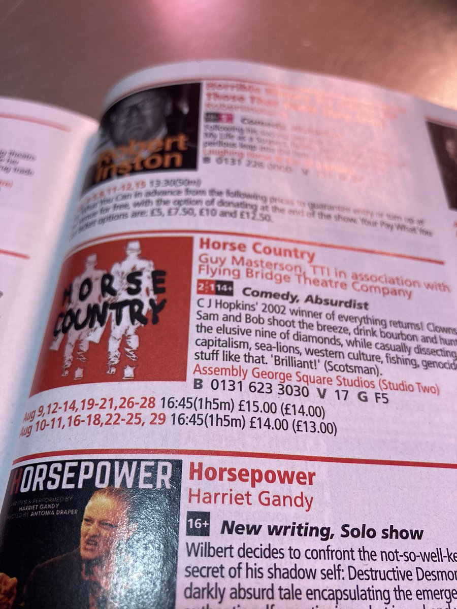 If you like your theatre absurd &amp; apocalyptic, with a healthy dollop of clowning then you should check out the excellent #HorseCountry from <a href="/FlyingBridgeCo/">FlyingBridgeTheatre</a> @broadsworddan directed by the brilliant <a href="/markcloche/">mark bell</a>. If Beckett had been *really* into ayuhasca, he might’ve written this.