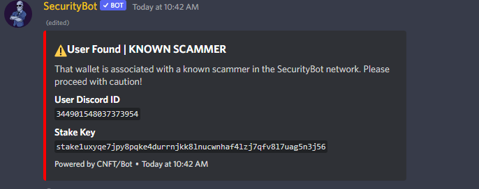 Trade confidently with ScamSearch

Search any <a href="/adahandle/">$handle</a>, payment address, or stake key and see if it is associated with a known scammer. Powered by the largest discord-wallet database, <a href="/CNFT_bot/">CNFT/Bot</a>

Available to everyone in all servers protected by SecurityBot