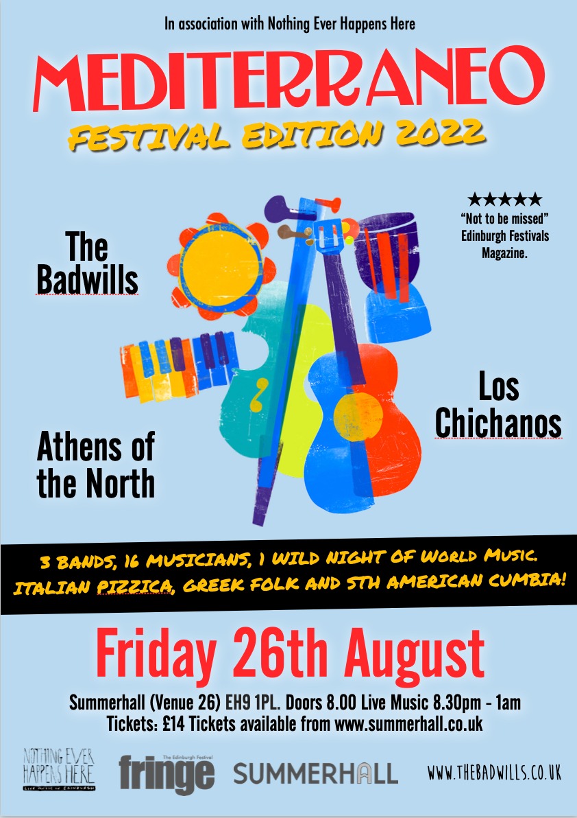 TheBadwills's tweet photo. Our Mediterraneo Festival Edition is back at this year's @edfringe. Fri August 26th at @Summerhallery! 

We'll bring the sound of southern Italy, alongside cumbia maestros @loschichanos &amp; Greek folk fm Athens of the North. @NEHHSH @iicedimburgo

See
https://t.co/TNE1zSO7Vd https://t.co/1qJ1wIXsIs