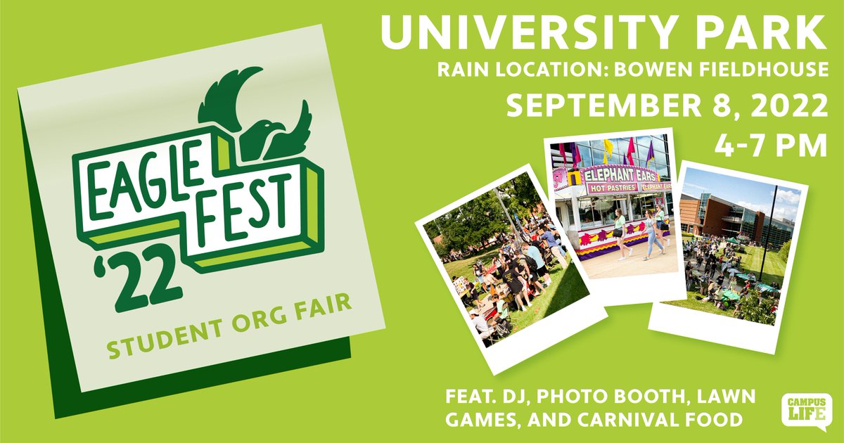 EMUCampusLife's tweet photo. Eagles, new and returning, get ready for the return of our largest, most fun Student Organizations fair of the year!

Bring yourself and your peers down to EagleFest 2022 and learn how to get involved with a new student organization this fall. #EMUCampusLife #EMUEagleFest https://t.co/I5Ya5MhcPO