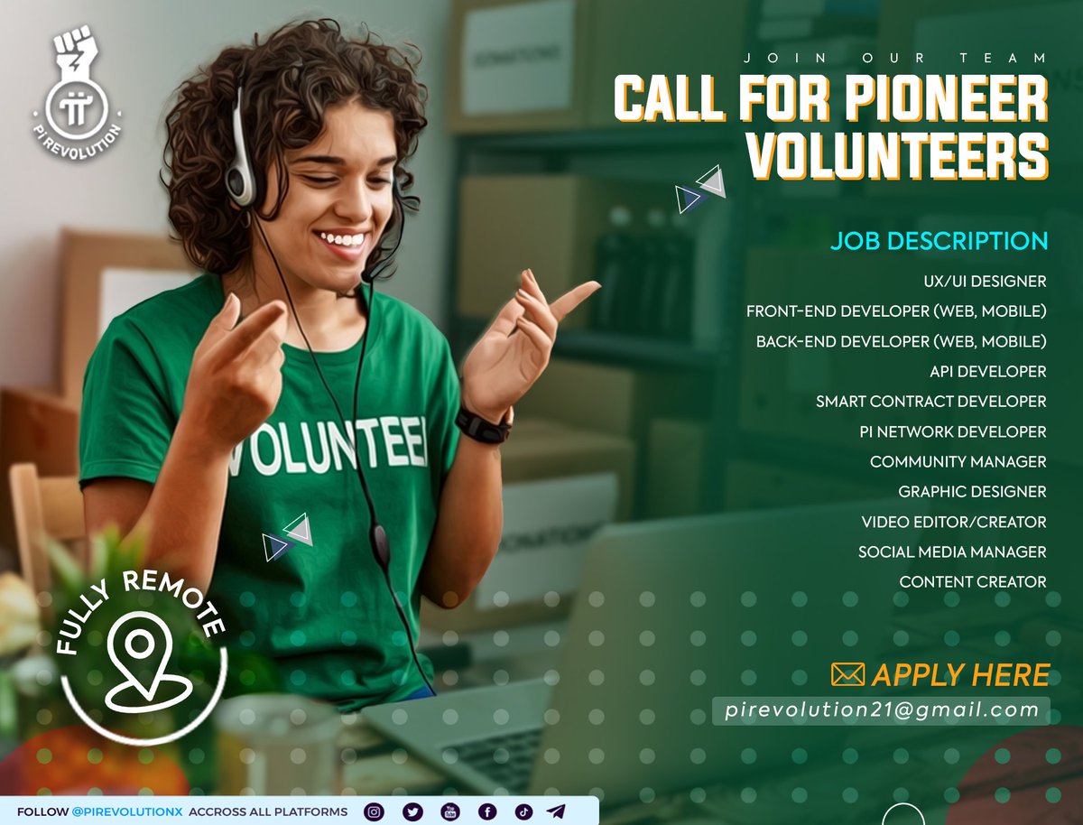 Pioneers who sent in applications to join our Pi Revolution team should do well check their email as replies are being sent out now.

Also, we still have a few more openings for Front-end, Back-end, and UI/UX. Feel free to apply &amp; join us 💜

Pi Group 👉 t.me/PiRevolutionX