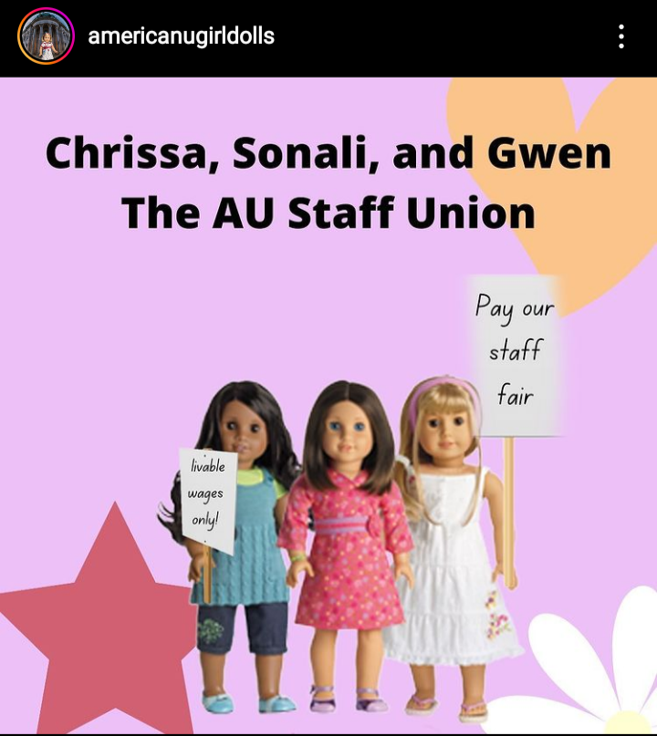 austaffunion's tweet photo. Shout out to the AmericanUGirlsDolls account on IG for showing solidarity with us 🥰 https://t.co/cA8PojPMiR