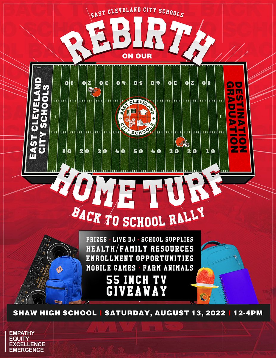 EastCleSchools's tweet image. Cardinal Nation--mark your calendars for our Back to School Rally!  This Saturday at Shaw High School from noon to 4:00 p.m., come meet your principals and discover community resources.  Food, prizes, and giveaways for students and families!!