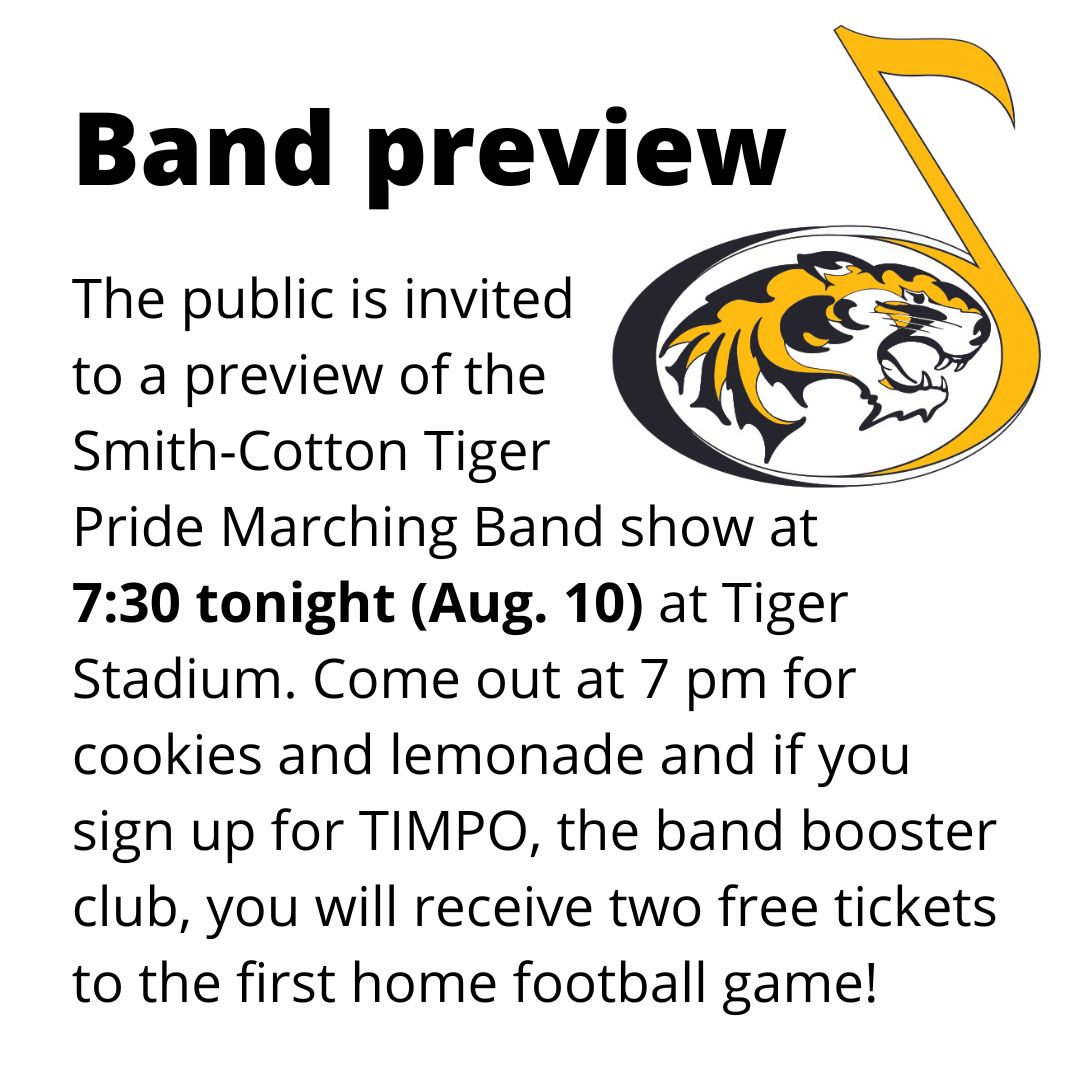 Come check out <a href="/SCBands/">Smith-Cotton Bands</a> preview tonight at Tiger Stadium #SCTigerPride