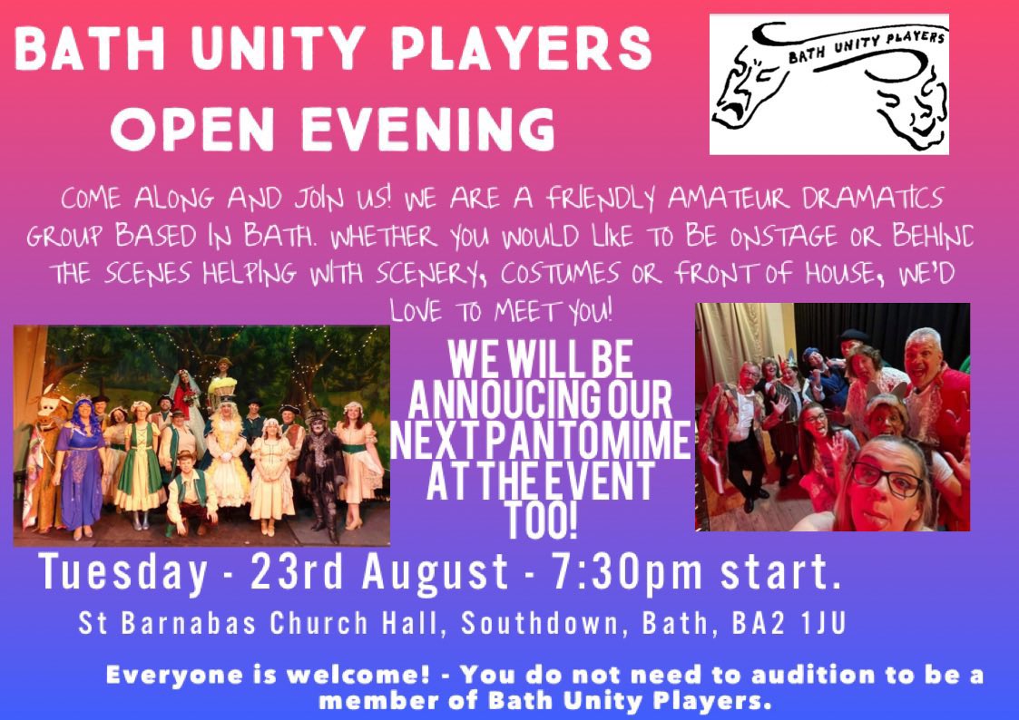 BathUnityPlayer's tweet image. Interested in joining us as we begin our next panto adventure?

Come along to our Open Evening to get involved!