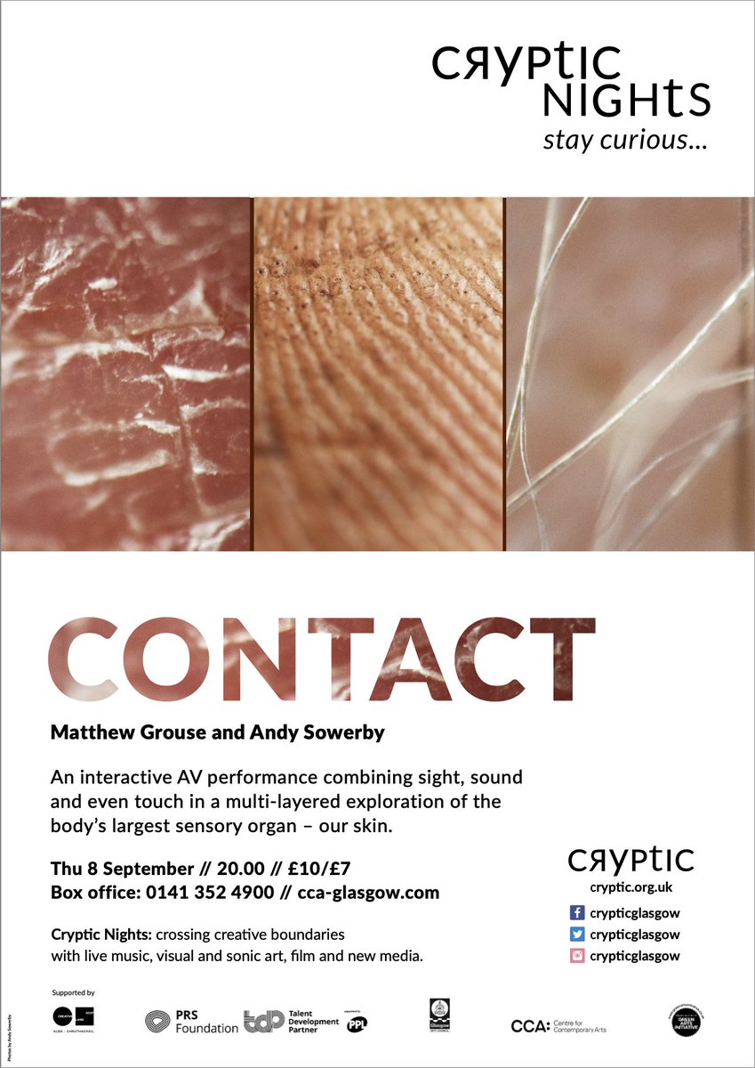 Tickets are now on sale for CONTACT, our next Cryptic Nights from artists <a href="/MatthewGrouse/">Matthew Grouse</a> and <a href="/Andy_Sowerby_/">Andy Sowerby</a> 👥 

cca-glasgow.com/programme/cont…

🗓️Thu 8 Sep 
🕝20:00
📍<a href="/CCA_Glasgow/">CCA</a>