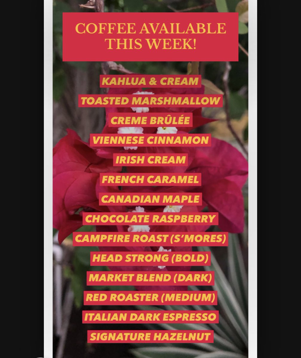 coraliew's tweet image. Here are your coffee selections from #TheLittleRedRoaster in #ldnont this week! Feature flavour is Kahlua &amp;amp; Cream (aroma, no alcohol). Order now for pick up or delivery ($6) any time. Fresh ground or Whole Beans. #CoffeeTime #shoplocal #Coffee ☕️