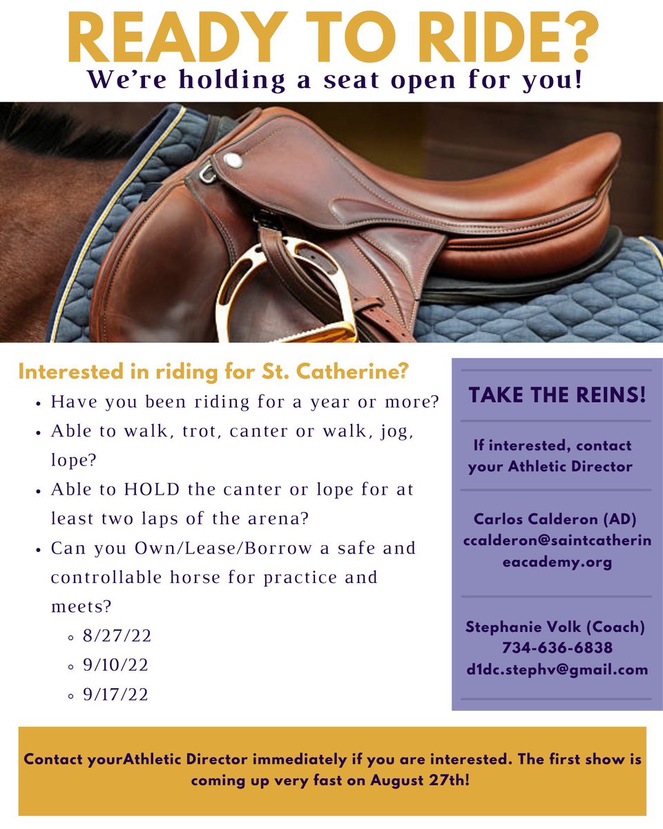 SCAwixom's tweet photo. Ready to ride? We're holding a seat open for you! Calling all Equestrian riders. Interested in joining #SCA Equestrian team? Contact the #SCA Athletic Director today! βππ΄ #GooooSTARS #SCAreason #SCAleadership #femininegenius https://t.co/QNsc6V1fyv