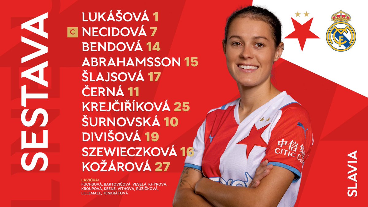 SlaviaZeny's tweet photo. 👥 | Tuto základní sestavu posílá trenér Karel Piták do zápasu proti @realmadridfem ! Utkání můžete sledovat živě na VEO LIVE! 💪 #slarea @slaviaofficial
📰 ČLÁNEK ➡️ https://t.co/jJnO8MkEvf https://t.co/VYXSxo8Wij