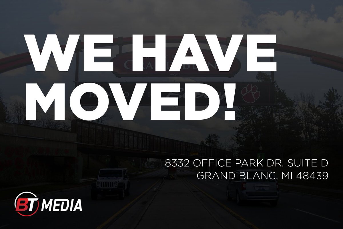 BTMediaServices's tweet photo. BIG NEWS!! BT Media has moved our office to the great city of Grand Blanc! 

Visit us at 8332 Office Park Dr. Suite D | Grand Blanc, MI 48439

#btmedia #fenton #michigan #videography #promo #videocreation #marketing #production https://t.co/AkZtM6ml11