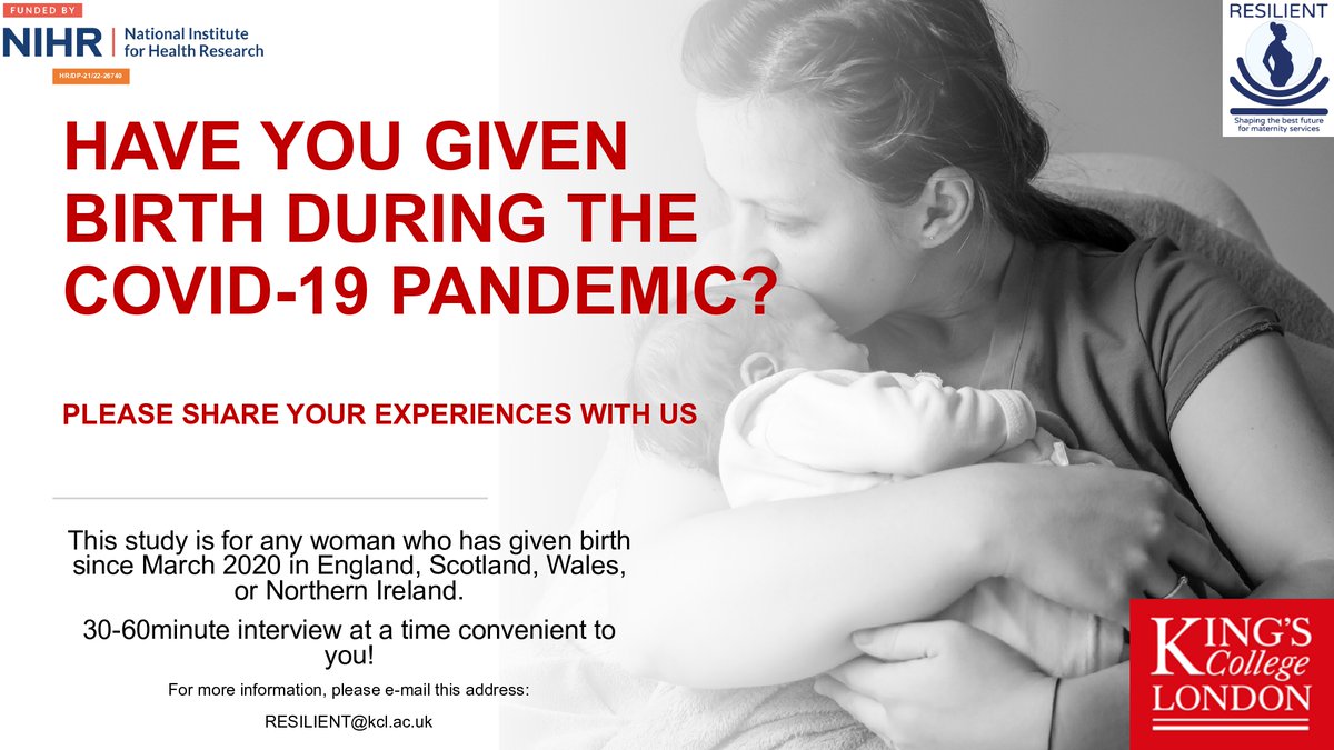 Seeking individuals who have given birth during the #COVID19 #Pandemic to interview for our <a href="/RESILIENT_KCL/">RESILIENT</a> #Research on post-pandemic planning of maternity services. 

E-mail: RESILIENT@kcl.ac.uk  #HCP #Maternity #BuildBackBetter #BuildBackFairer #Resilient