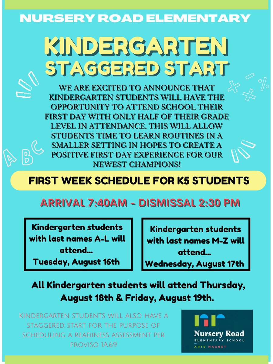Kindergarten will have a Staggered Start this year!  Notice which day your child will need to come based on the last name!