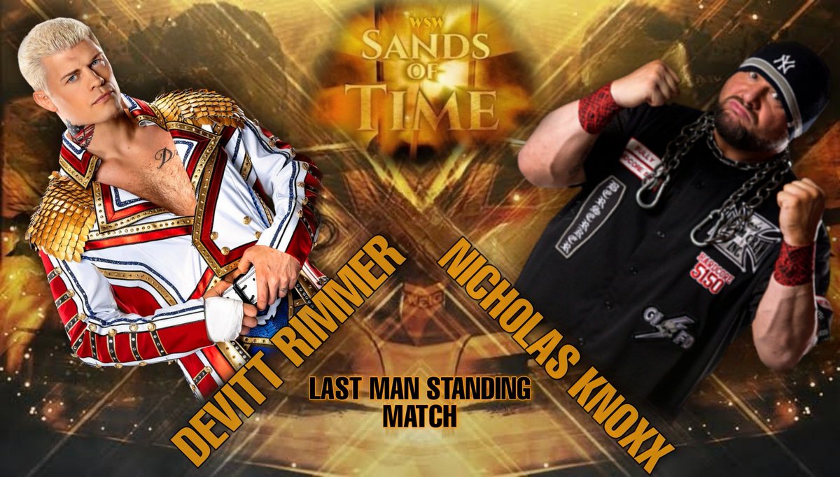 WSWFederation's tweet photo. From betrayal to attempts to end each other.. 

Two former world champs, former friends, now bitter to death enemies.. meet for the last time to determine who is the... 

LAST MAN STANDING!

@Rimmer_WSW vs @InfamousKCStor1 

This Sunday at #WSWSandsOfTime! https://t.co/axFGPOFpkn