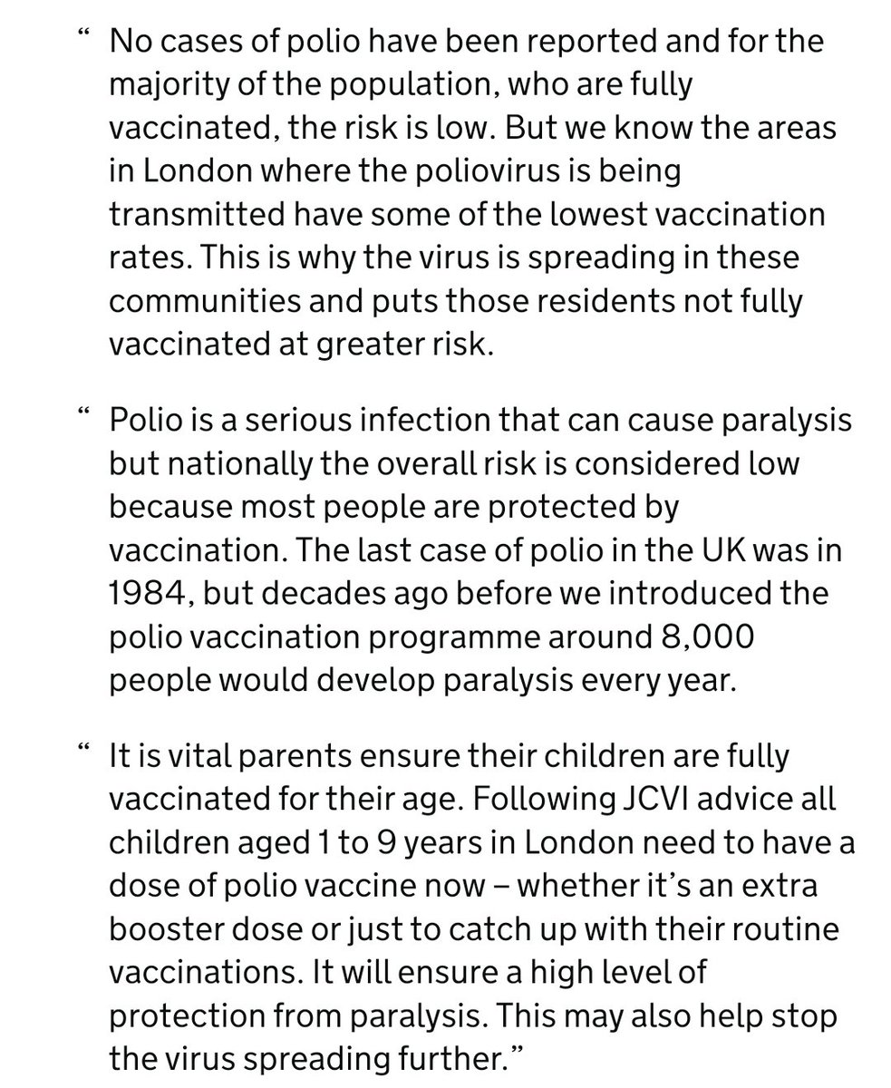📣📣Ante los hallazgos de poliovirus en aguas residuales londinenses  el JCVI  del <a href="/MHRAgovuk/">MHRAgovuk</a> recomienda  dosis de refuerzo de la vacuna contra la polio a los niños de 1-9 años de Londres
 gov.uk/government/new…