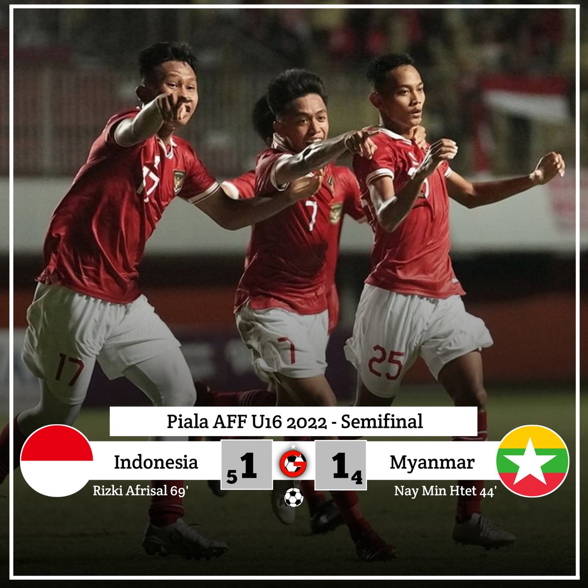 gilabola_ina's tweet photo. Semifinal Piala AFF U16 2022
FT. 🇲🇨 Indonesia (5) 1-1 (4) Myanmar 🇲🇲
. 
⚽ Riski Afrisal 69'
.
⚽ Nay Min Htet 44'

Indonesia lolos ke Final melalui babak adu penalti

#TimnasDay #AFFU16 https://t.co/qeeVJpTH1P