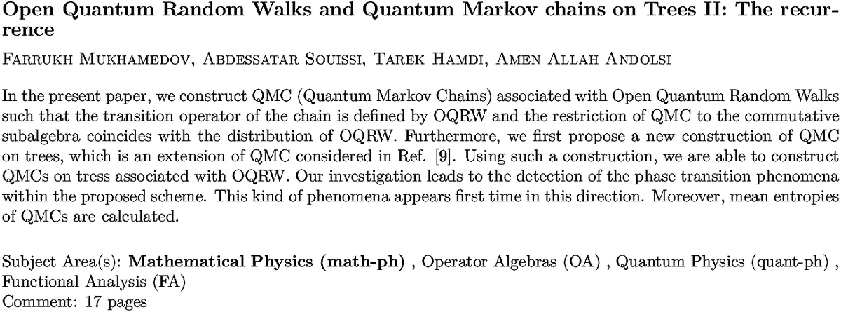 arXiv_math_ph's tweet photo. https://t.co/RJrlHd2bng
F Mukhamedov et. al.
Open Quantum Random Walks and Quantum Markov chains on Trees II: The
  recurrence https://t.co/j3X4Mwafmh