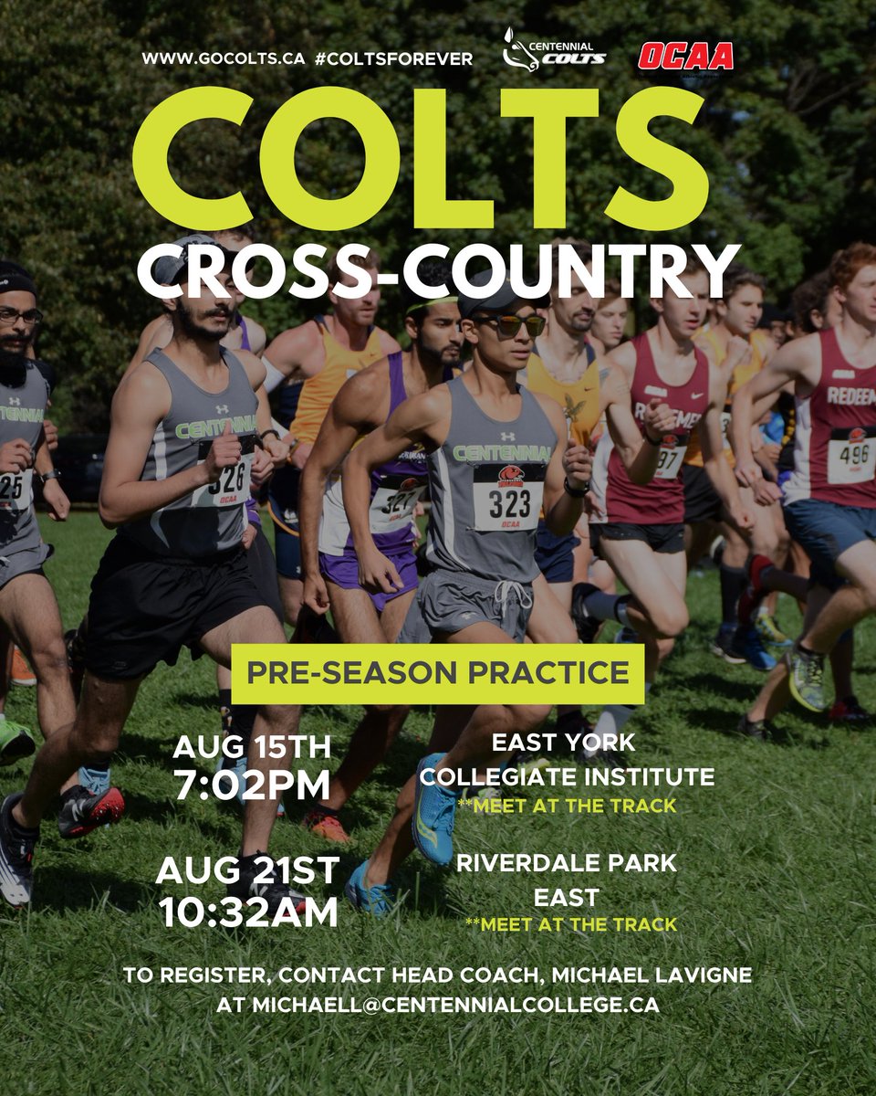 CentennialCOLTS's tweet photo. Cross-country runners, we are hosting ID Sessions on August 15th and August 21st and we want to meet you!
Contact head coach Michael Lavigne at MichaelL@centennialcollege.ca to register and for any inquiries.
#ColtsXC #crosscountry #IDSessions https://t.co/KyQXWIrjGX