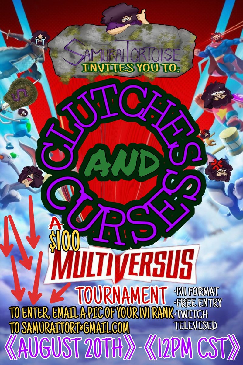 SamuraiTort's tweet photo. I've made something to make it easier to register for the Tourney! $100 Grand prize, and prizes for 2nd and 3rd as well. Double elimination, 1v1, 2 stock 🔥

Here's the link:
https://t.co/i9JGRtTS1X

#Multiversus #MultiversusTournament #FreeEntry #ClutchesandCurses #Twitch https://t.co/gXYZpeBqKC