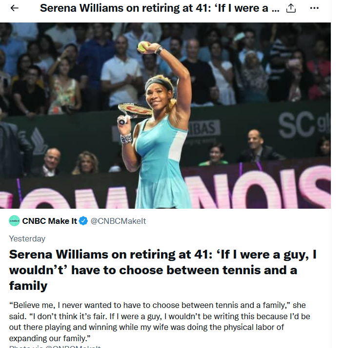 kennymxu's tweet image. Translation: "If I were a guy, I wouldn't have to choose between providing for the family and providing for the family."

Work is not glamour and fashion for most people, Serena.  You CHOSE to retire for family, and that's great.  But stop framing this in terms of gender.
