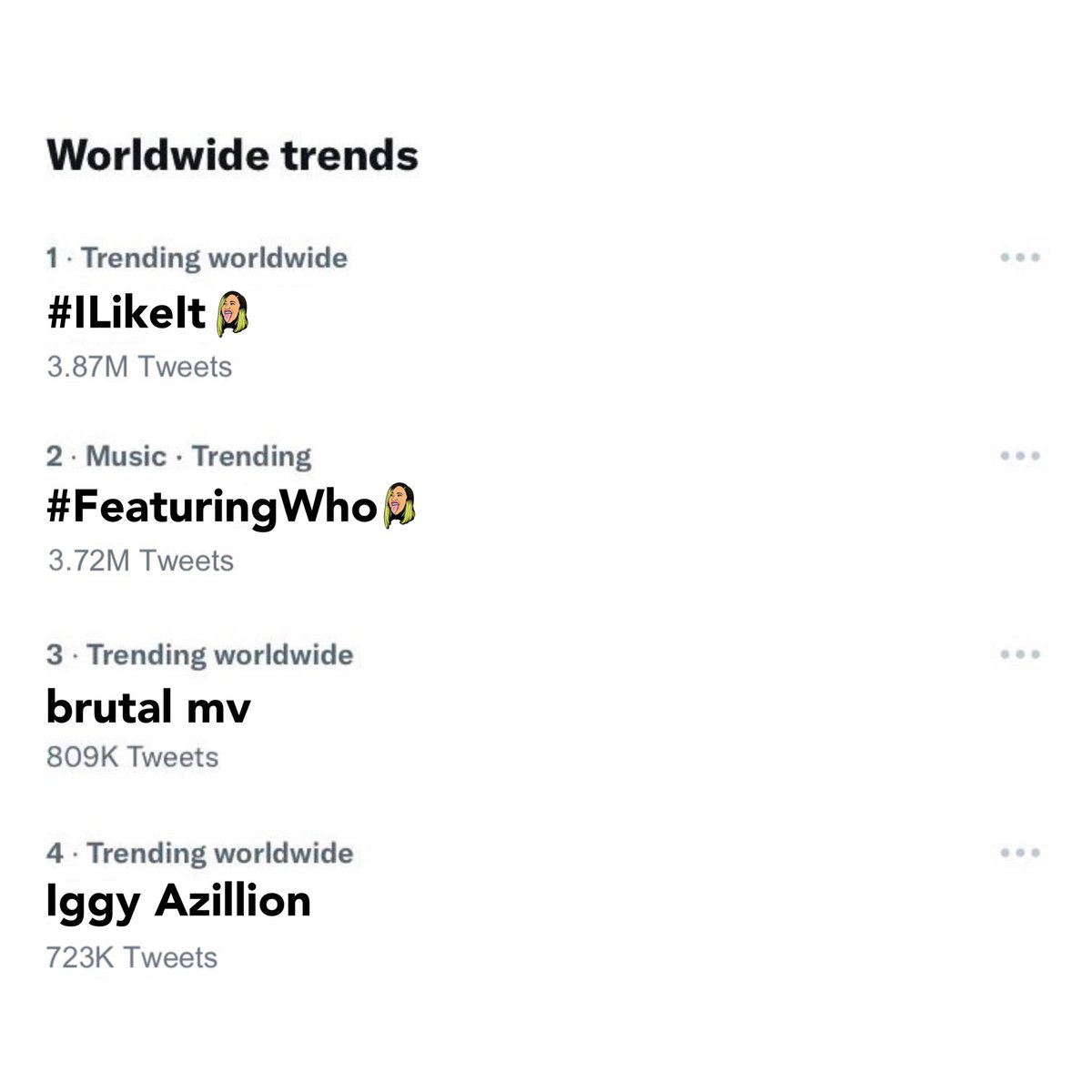 IggyOnChart's tweet photo. #ILikeIt &amp; #FeaturingWho are trending with almost 4 million tweets each while Iggy is trending with 723k tweets. SHE IS COMING. https://t.co/PKraBp8HHf