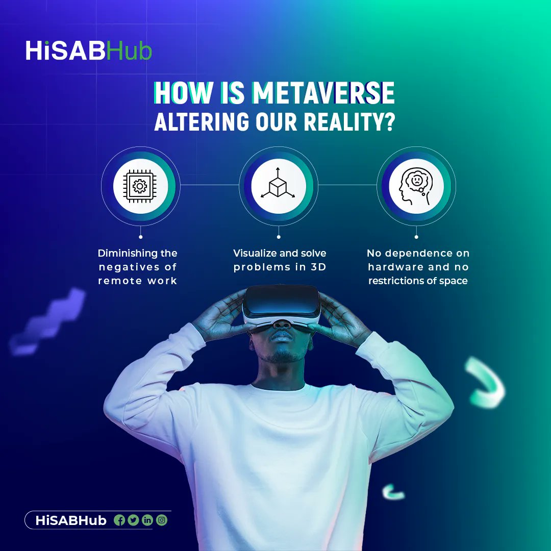 HisabHub's tweet photo. Since it is designed to coexist with our actual reality, the #metaverse and all its potential will coincide with all our activities in life. Today, we are naming a few advantages of this technology at work👇

 #digitization #Metaverse #digital_content #nfts #cryptocurrencies https://t.co/mlUB2hUdu2