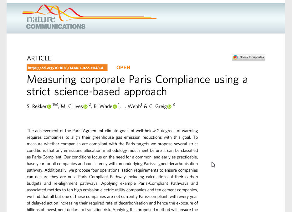 Nature Communications (@naturecomms) on Twitter photo New study by <a href="/SaphiraRekker/">Saphira Rekker</a>, <a href="/mat_ives/">Matt Ives</a>, <a href="/DrBelindaWade/">Belinda Wade</a> et al. finds current methods for evaluating performance of companies with the Paris Agreement goals may be flawed, with few companies assessed as Paris Compliant. nature.com/articles/s4146… New study by <a href="/SaphiraRekker/">Saphira Rekker</a>, <a href="/mat_ives/">Matt Ives</a>, <a href="/DrBelindaWade/">Belinda Wade</a> et al. finds current methods for evaluating performance of companies with the Paris Agreement goals may be flawed, with few companies assessed as Paris Compliant. nature.com/articles/s4146…