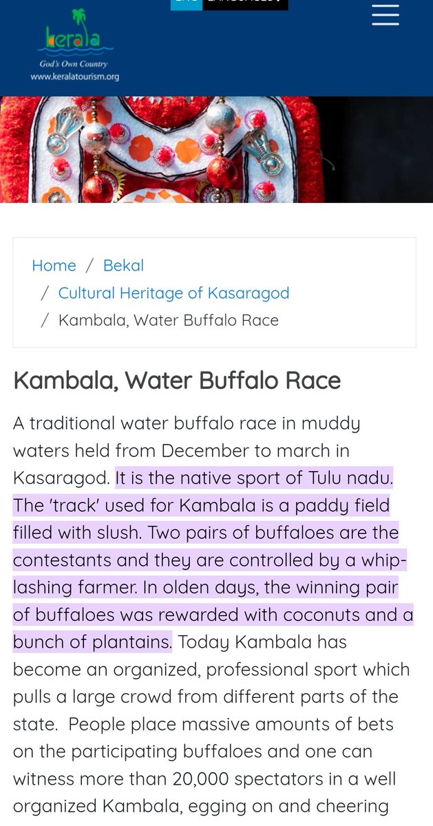 drsudhirn's tweet photo. Tulunad is part of both karnatak and keralam tulu is being suppressed in both the states but unlike karnatak keralam is not allergic to the word TULUNAD 
 official tourism site of karnatak mentions kambala as coastal tradition ,kerala site mentions it as Tulunadu culture https://t.co/SdLZJRd4sf