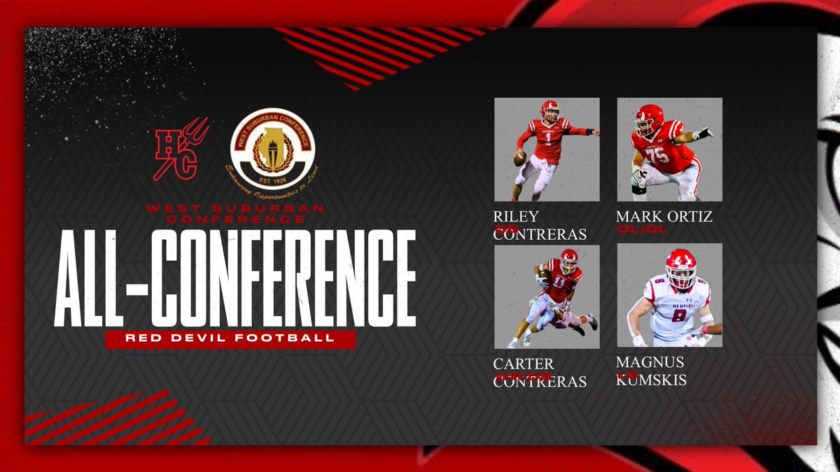 Congratulations to our 2023 West Suburban Silver All Conference athletes! <a href="/markortiz75/">Mark Ortiz</a> <a href="/CarterContrer11/">Carter Contreras</a> <a href="/Rileycontreras7/">Riley Contreras</a> Magnus Kumskis! Each represented the grit and toughness of the Red Devils and gave everything on the field. #HCbringyourfire