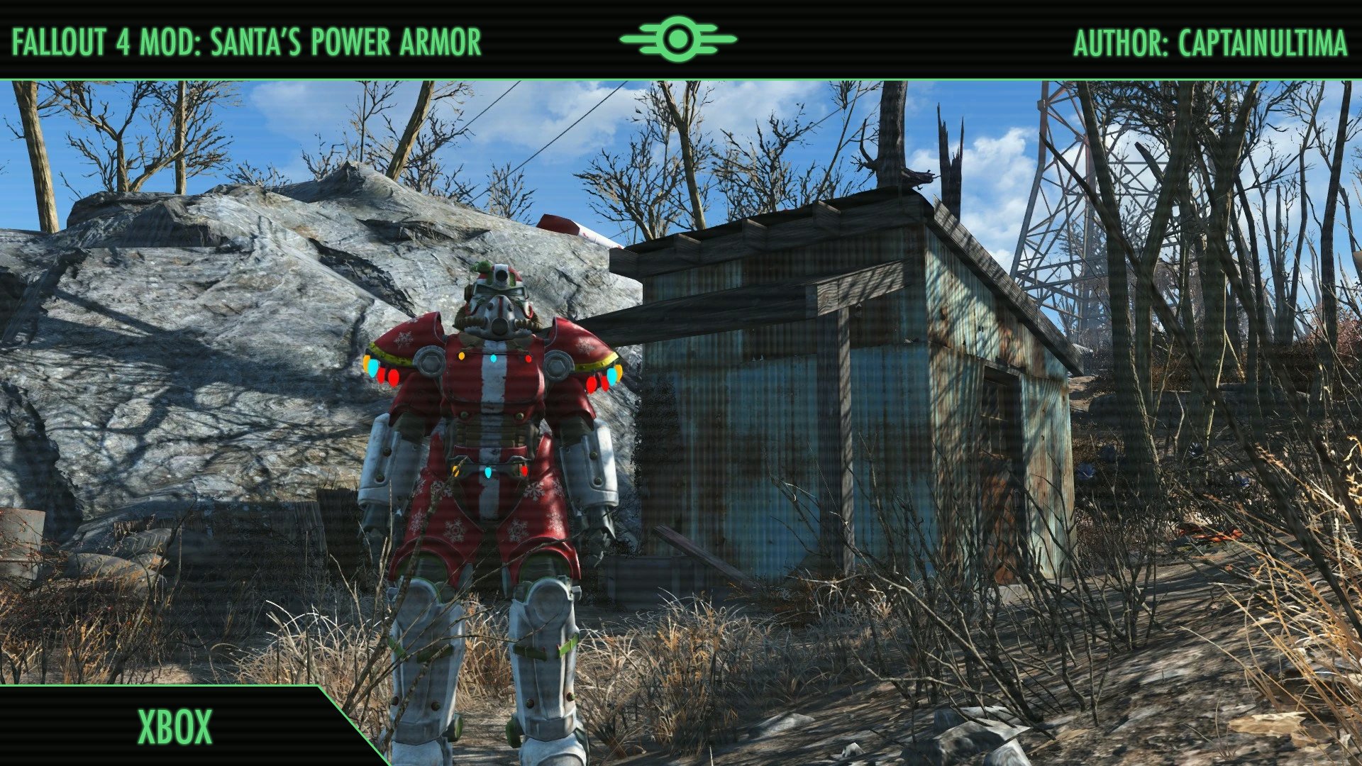 Pictured is a Power Armor suit from Fallout 4, adorned with red and white Christmas paint and flashing holiday lights. 