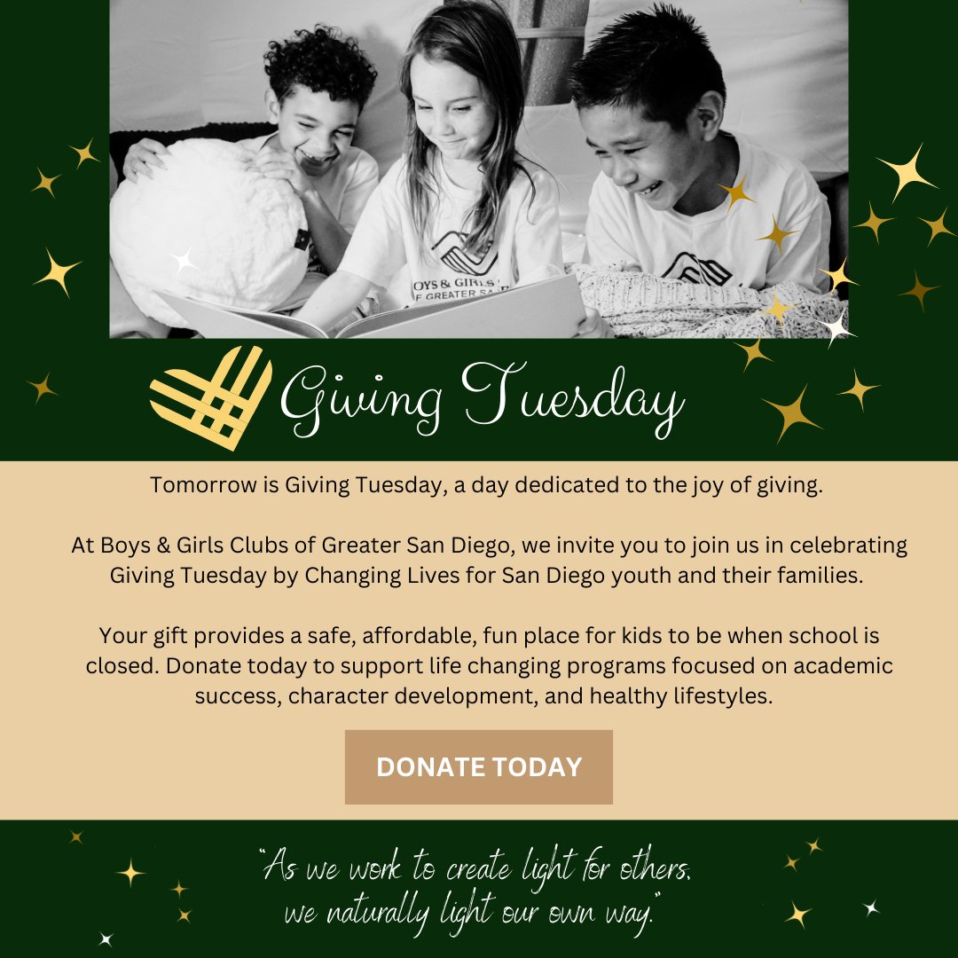 Tomorrow is #GivingTuesday, a day filled with the spirit of generosity! 

Join us in making a positive impact on the lives of San Diego's youth. 🤝 

➡️ Click the link to donate and be a part of something truly meaningful: donate.sdyouth.org/OnceUponaTime

#BGCGSD #CHANGINGLIVES #SDYouth